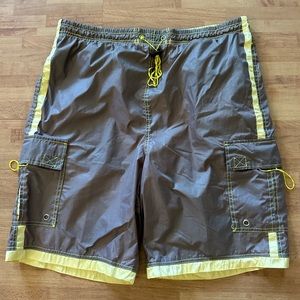 Nature Men’s Cargo Pockets Swimsuit Gray Yellow Trunks Size M